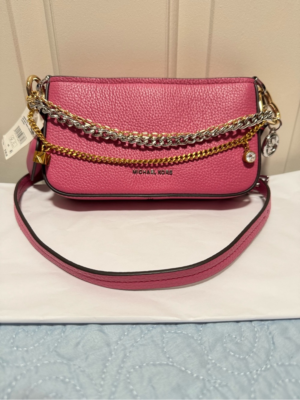 NWT Michael Kors Pink Pebbled Leather Crossbody Mixed-Metal Chains Heart Charm
